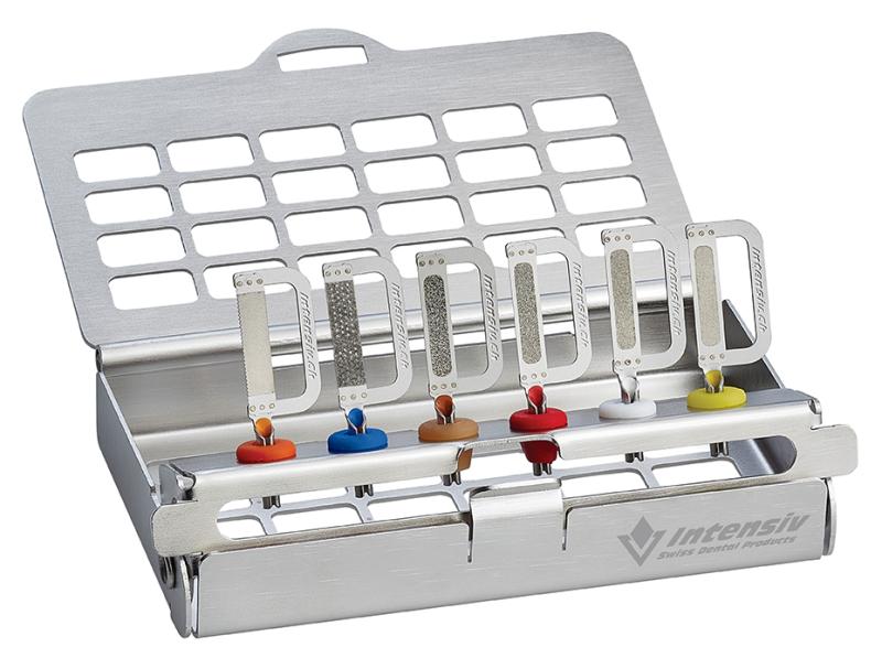 Intensiv Ortho-Strips System Set02, Tray with Ortho-Strips, 1 Opener, 1 Medium, 1 Coarse, 1 Extracoarse 1 Fine, 1 Polishing, Central Double-Sided